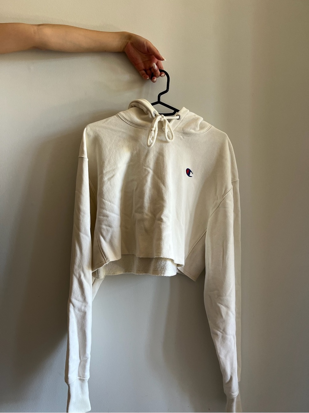 Champion Cropped Cream Hoodie with Small Logo